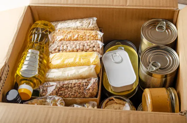 Konserven und getrocknete Lebensmittel in einem Karton als Notvorrat