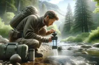 Mann sitzt an einem Bach und filtert Wasser
