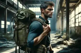 Mann mit Rucksack auf der Flucht in einem Lost Place